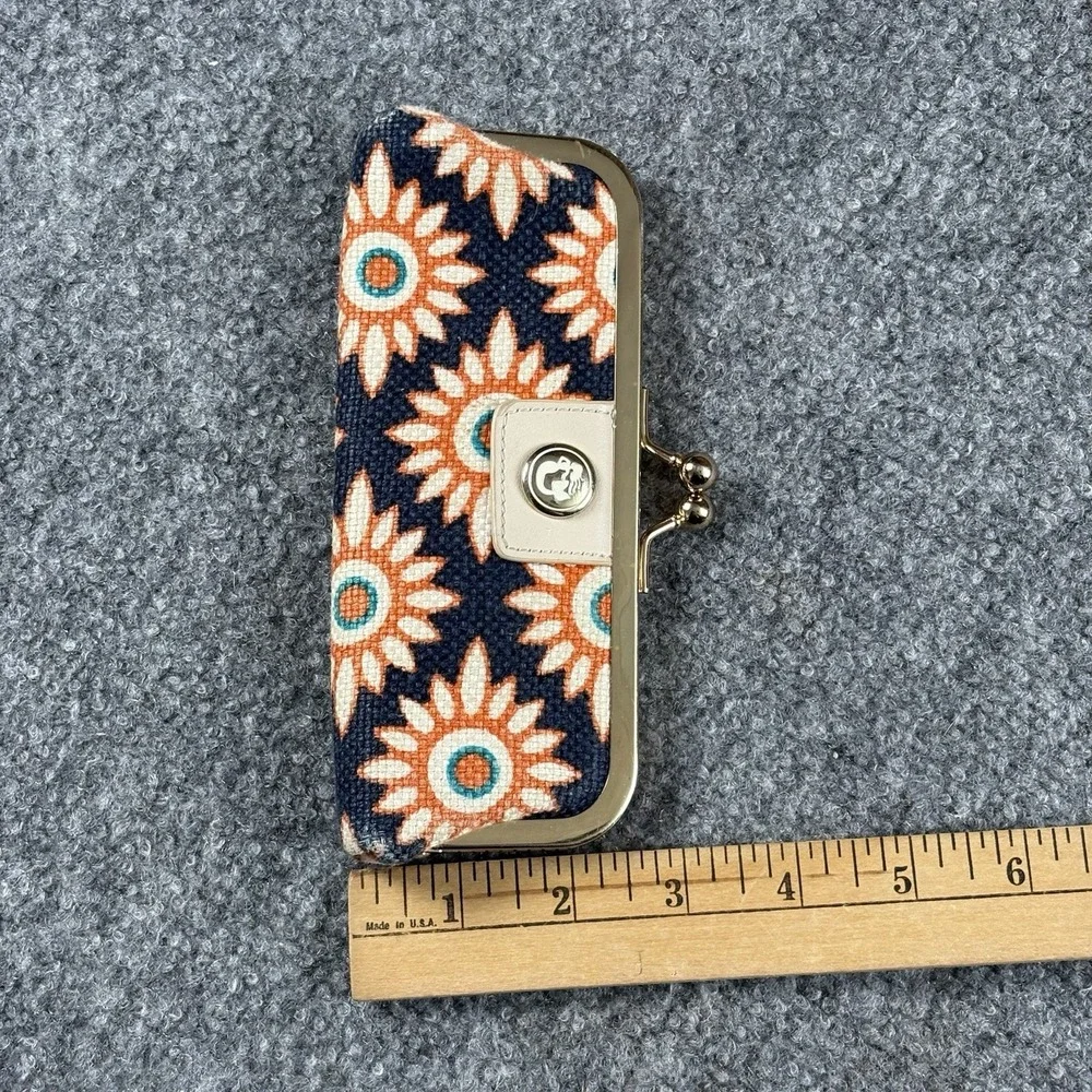 Spartina 449 Eyeglass Case Floral Linen Leather Clamshell Kiss Lock Navy Orange